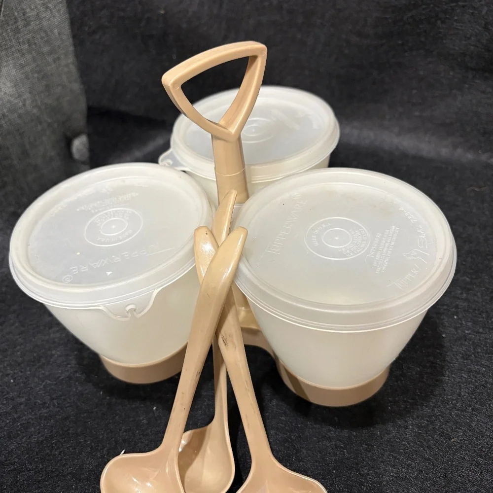 Vintage TUPPERWARE Condiment Caddy  Almond & Clear Lids With Spoons Set